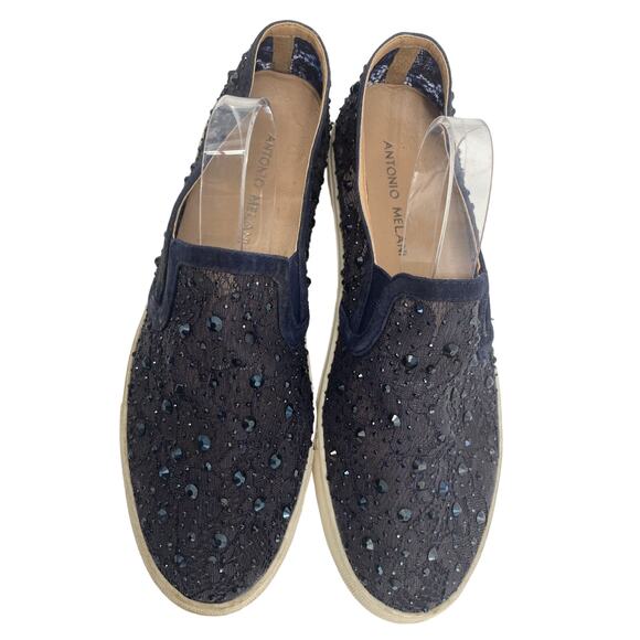 Antonio Melani women 7.5 Black Jeweled Slip on Shoes rhinestone sneaker lace - Picture 2 of 5